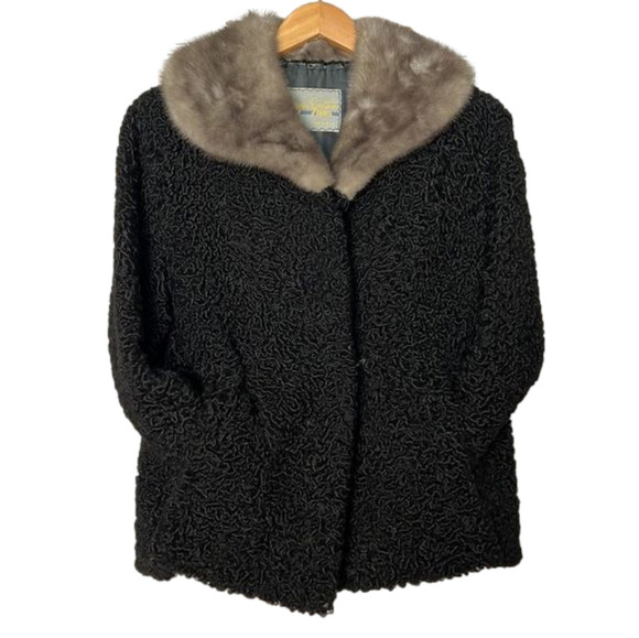 Meyer Epstein Furs London Ontario Unique Black Lambswool Coat With Mink Fur Trim - Picture 8 of 14